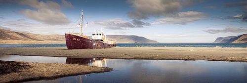 Stranded whaler, the Gardar, on the coast near Patreksfjordur, Westfjords, Iceland.