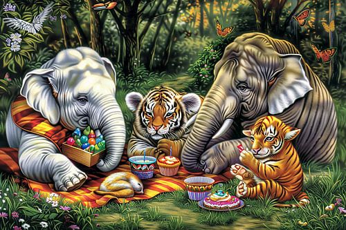 Surrealistische junglepicknick met dieren