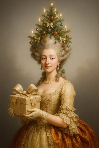 Rococo kerstportret met gouden cadeau en kerstboomkapsel van But First Framing