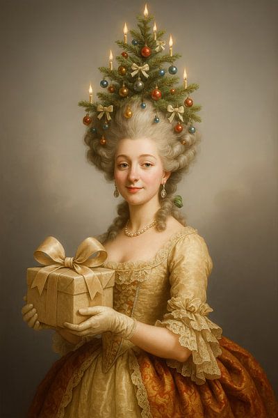 Rokoko-Weihnachtsporträt mit Goldgeschenk und Christbaumfrisur von But First Framing