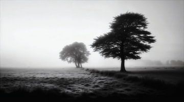 Twee bomen op een mistig veld van Transmutation Art