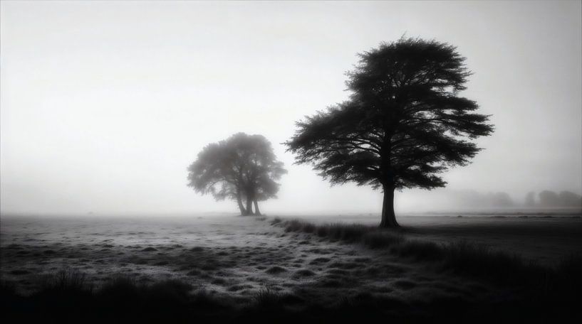 Twee bomen op een mistig veld van Transmutation Art