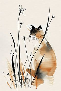 Kitten met Veldbloemen in Japandi Stijl van Karina Brouwer