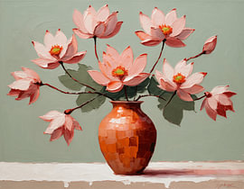 Fleurs de lotus roses dans un vase en terre cuite sur Stefan Vermeer