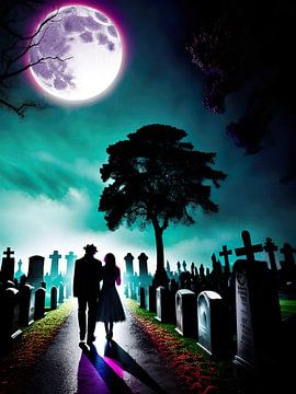 Wandelen op een kerkhof bij volle maan van Retrotimes