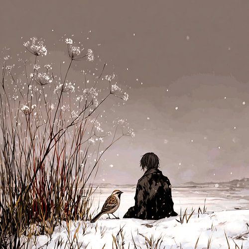 Winter conversation | child and bird in the silence of the snow