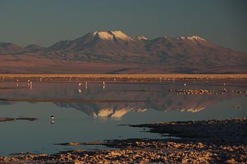 Spiegelung der Andengipfel in einem mit Wasser bedeckten Salzsee in Chile