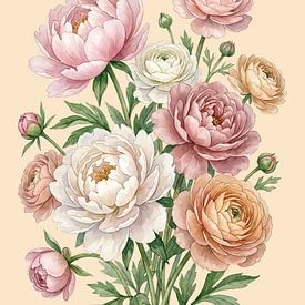 Bloemen Aquarel Vintage pioenrozen en ranonkels van Max Steinwald