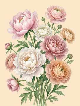 Fleurs aquarelle vintage pivoines et renoncules