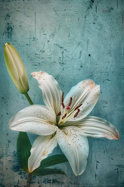 Witte lelie met knop op blauwe achtergrond van Art & Soul Creations