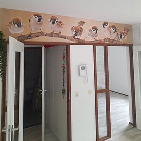 Customer photo: Birds On Branch Artwork With Eight Sparrows by Diana van Tankeren, as wallpaper