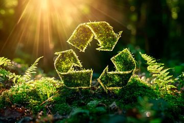 Groen recyclingsymbool in het boslicht van Poster Art Shop