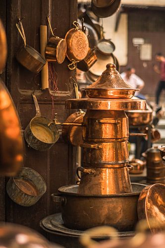 Copper pans collection in Fez, Morocco