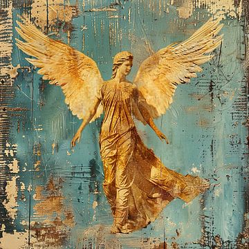 Vintage classic gold Engel auf verwitterten blauen Hintergrund von Lauri Creates