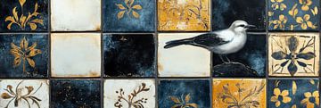 Tegels met zwarte vogels en gouden bloemen panorama van Digitale Schilderijen
