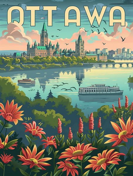Sérénité à Ottawa : Affiche de la colline du Parlement et des fleurs riveraines par Travel Shop