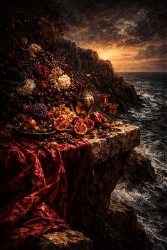 Maritime Baroque Banquet Canvas - Antique Still Life on Cliff - Dark Coastal Oil Painting Print by adib maula