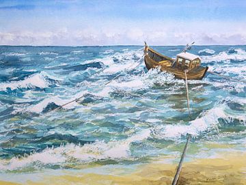 Vissersboot in de golven Aquarel schilderij van Karen Kaspar