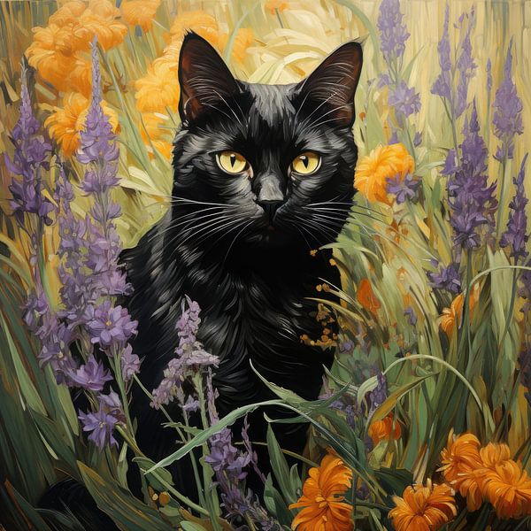 Black Cat and Flowers inspired by Vincent van Gogh by Erika Kaisersot