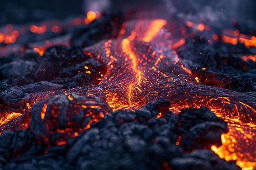 Close-up van gloeiende lavastroom door vulkaan