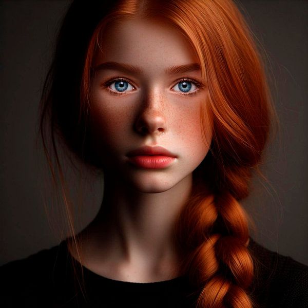 Mädchen mit roten Haaren und strahlend blauen Augen. von Ineke de Rijk