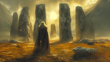 Oude tovenaar bij zonsopgang in Stonehenge van artefacti