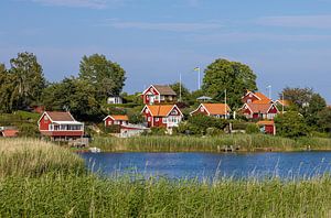 Maisons de vacances suédoises rouges le long de la côte baltique