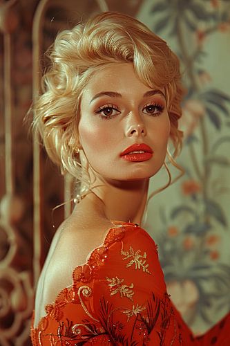 Vrouwen in glamourstijl vijftiger en zestiger jaren fotografie en filmindustrie. Kunstmatige intelligentie van niet bestaande personen.