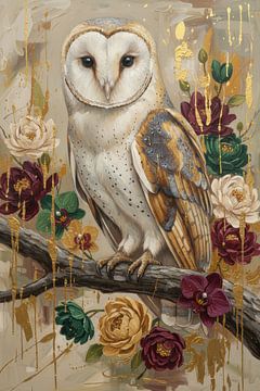 Nature morte Chouette dans un étalage floral