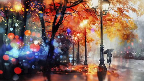 Promenade sous la pluie avec jeu de lumières