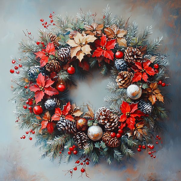 Weihnachtskranz mit Tannenzapfen und Beeren von Abstraktes Gemälde