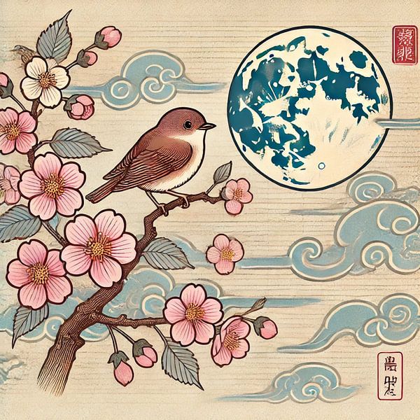 Moonwind - japandi artwork with bird and flowers by Kleurenrijk