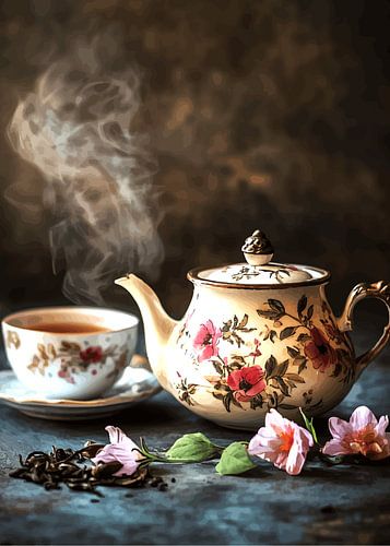 Theepot met bloemmotief en theekopje