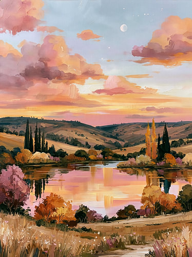 Sunset over a lake and hills