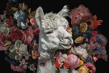 Alpaca tussen de vintage bloemen