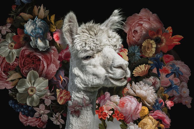 Alpaca among vintage flowers by John van den Heuvel