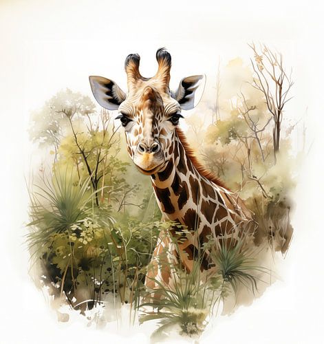 waterverf schilderij van giraffe die met kop tussen de bomen uitsteekt