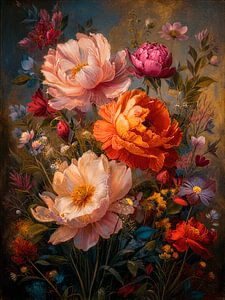 Klassisches Blumenstillleben mit Pfingstrosen in historischem Licht
