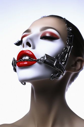 Digital created very beautiful woman with bizarre fetish mask in high fashion style