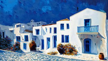 Greek village with white houses and blue windows