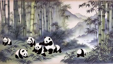 Pandas jouant dans la forêt
