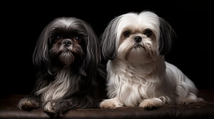 Ein Paar Shih-Tzu-Hunde posiert in einem Studio mit schwarzem Hintergrund