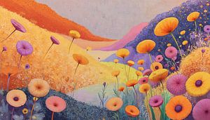 Phantasie Blüten Wiese im Frühling - Pop Surrealismus Gemälde