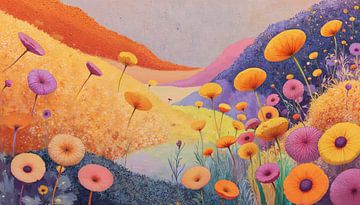 Fantasie bloemenweide in de lente - Pop surrealisme schilderij van FRESH Fine Art