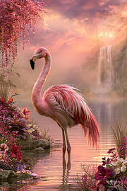 Flamant rose et fleurs tropicales