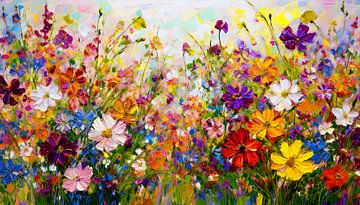 Schilderij van een bloemenveld in felle kleuren van Studio Pieternel