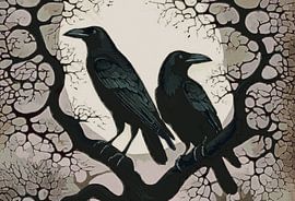 Zwei Krähen auf einem Ast im Mondlicht von Anna Marie de Klerk