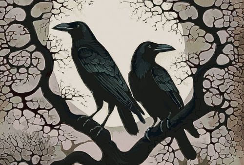 Twee kraaien op een tak in maanlicht