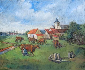 Koeien melken in het weiland - olieverf op doek - Pieter Ringoot van Galerie Ringoot