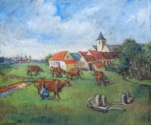 Koeien melken in het weiland - olieverf op doek - Pieter Ringoot